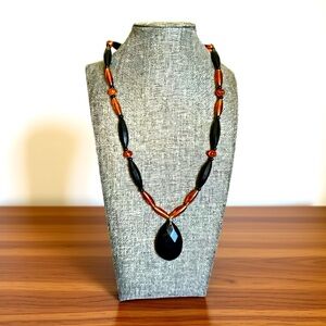 Vintage Amber Tone Black Beaded Necklace Long Drop Pendant Retro Boho Statement